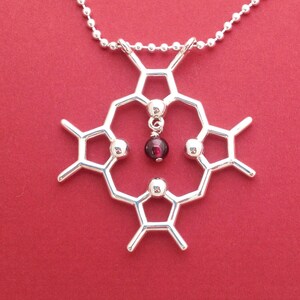 heme molecule necklace with garnet in solid sterling silver image 2