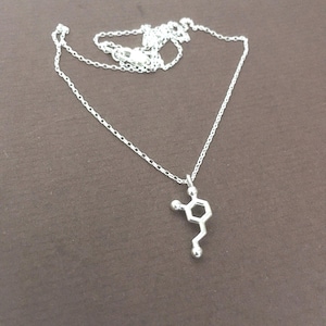 May include: A silver necklace with a pendant shaped like the chemical structure of dopamine.