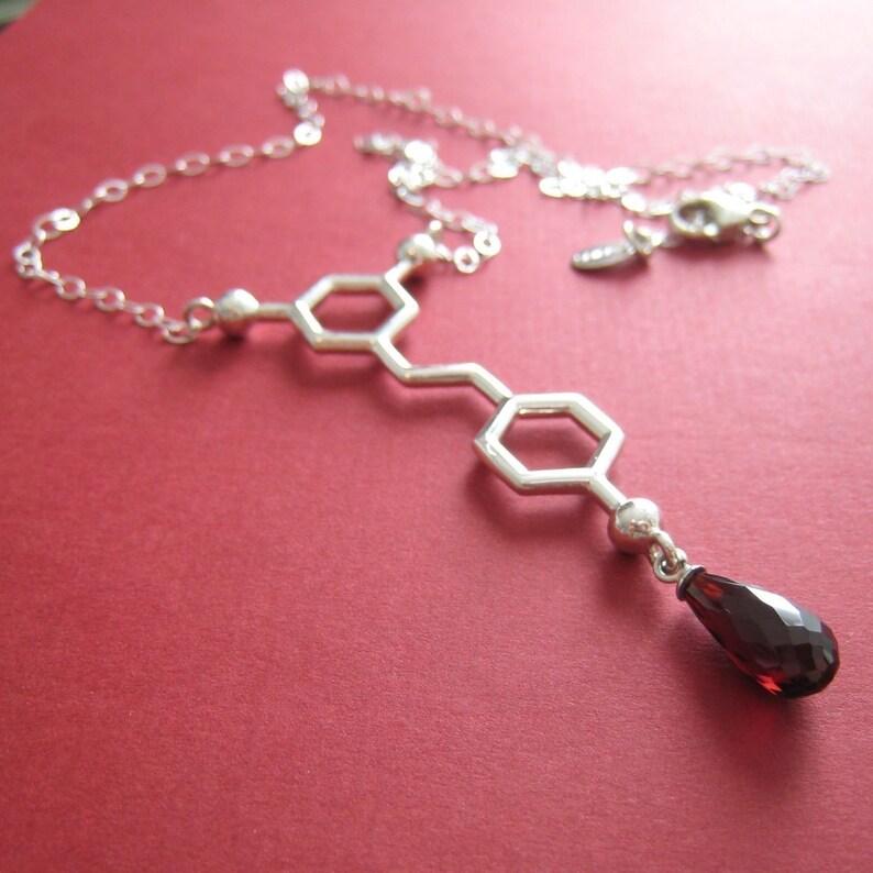 red wine resveratrol molecule necklace in solid sterling silver with garnet image 2