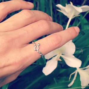 May include: A silver ring with a chemical structure design. The ring is on a finger and the background is blurred with green foliage and white flowers.