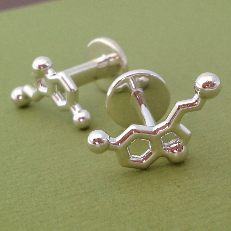 serotonin molecule cufflinks in solid sterling silver image 1