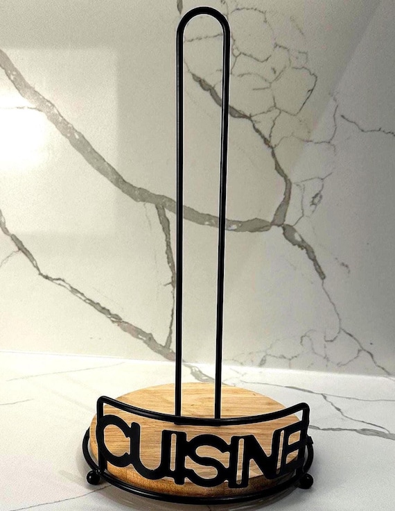 Rustic Wood & Metal Paper Towel Holder – Freestanding Kitchen Roll Stand with “Cuisine” Design