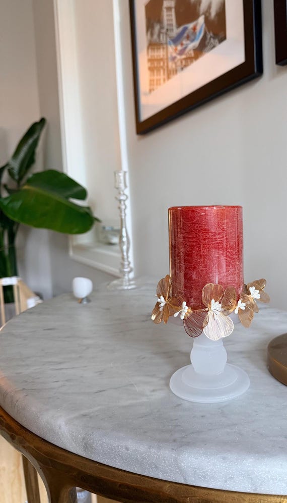Frosted Glass Candle Stand: Christmas Scented Soy Candle with Botanicals