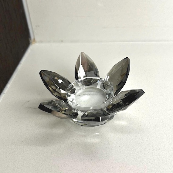 Smoky Gray Crystal Lotus Tealight candle Holder: Meditation Decor
