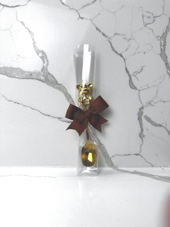 Baby shower favours Custom wrapped teddy Bear spoon personalized ribbon