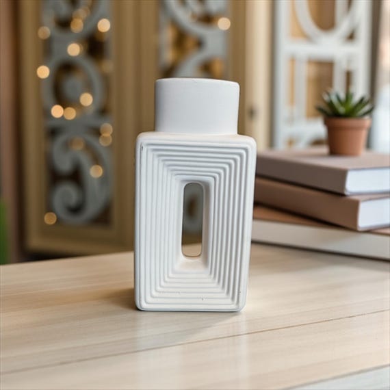 Modern Geometric White Ceramic Vase with Cutout – Minimalist Decorative Accent for Table or Shelf
