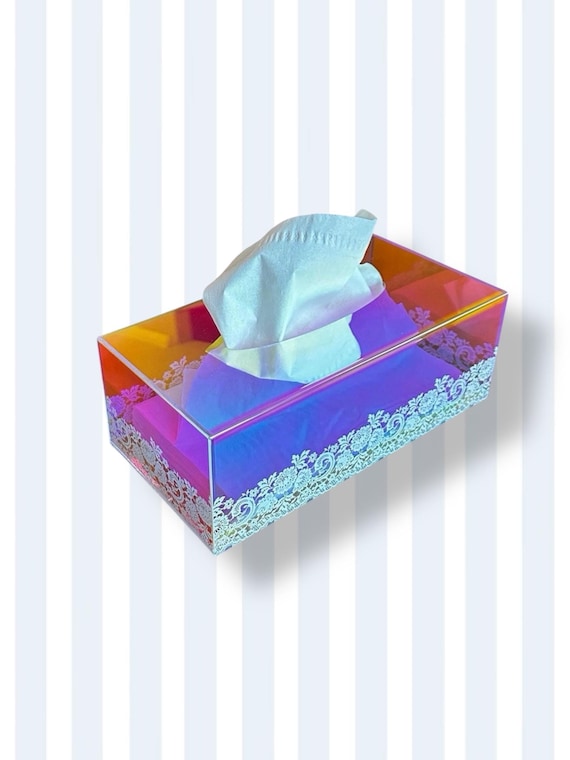 Tissue box centerpiece case cover napkins iridescent acrylic with lace pattern Christmas new mom gift