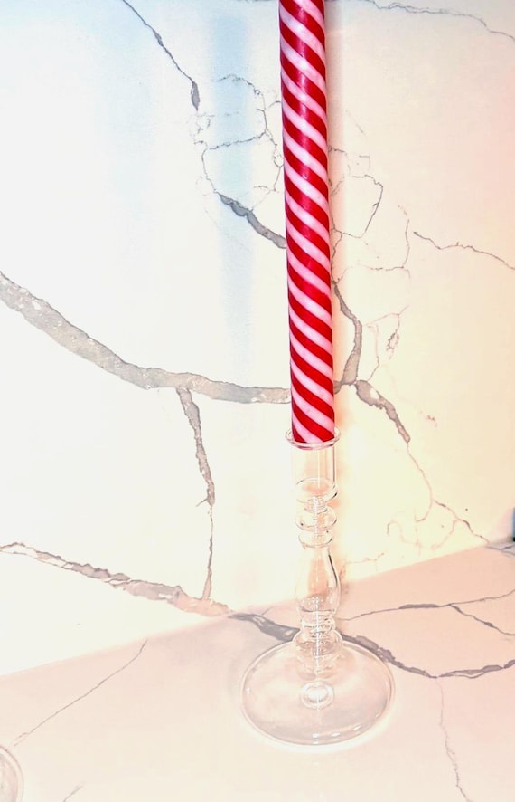 Christmas Striped Taper Candles with candle holder  – Red & White Holiday Decor