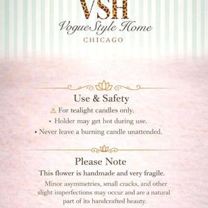 May include: A decorative sign with the text "VSH Vogue Style Home CHICAGO". The sign includes safety instructions for tealight candles and a note about the handmade nature of the product.