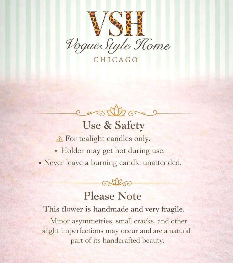 May include: A decorative sign with the text "VSH Vogue Style Home CHICAGO". The sign includes safety instructions for tealight candles and a note about the handmade nature of the product.