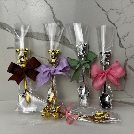 Baby shower favours Custom wrapped teddy Bear spoon personalized ribbon