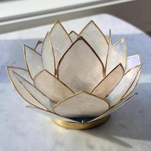 Capiz Shell Lotus Candle Holder: Bohemian Natural Decor Tealight Holder, july 4th decoration Golden Ivory