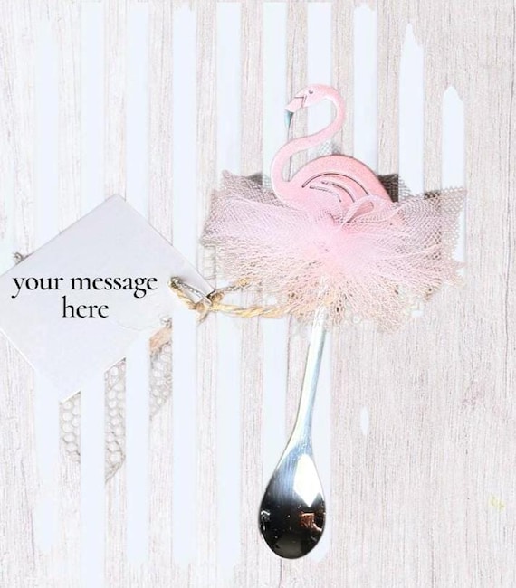 Pink Flamingo Decorative teaspoon Favor with tulle ballet skirt for Baby Showers, Birthdays, Bachelorettes & Tropical Themes