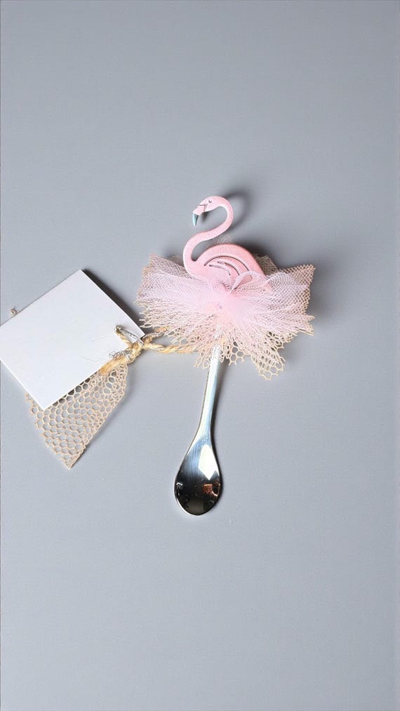 Pink Flamingo Decorative teaspoon Favor with tulle ballet skirt for Baby Showers, Birthdays, Bachelorettes & Tropical Themes