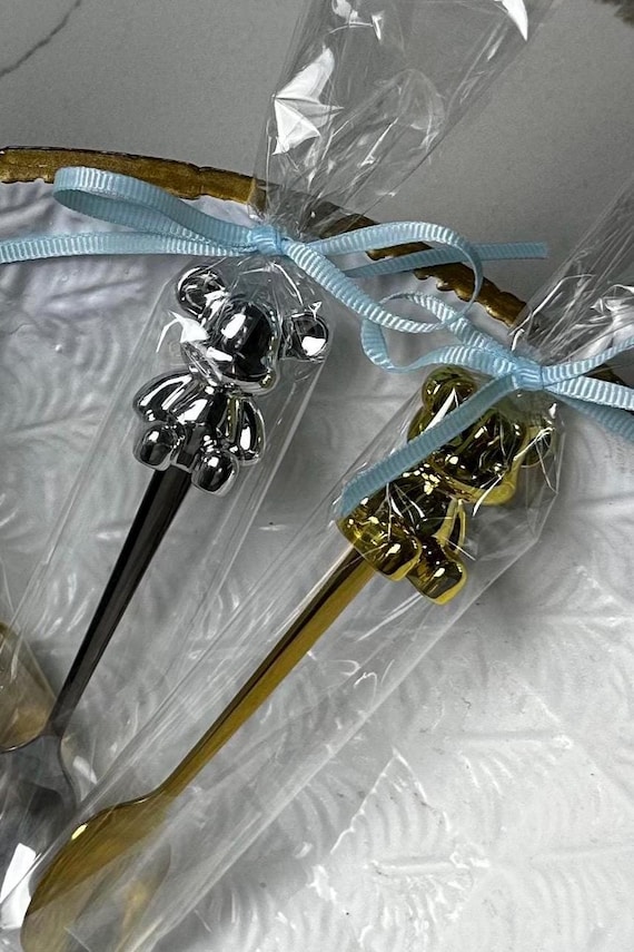 Baby shower favours Custom wrapped teddy Bear spoon personalized ribbon