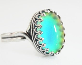 Oval Mood Ring - Large Sterling Silver Mood Ring - Adjustable Thumb Ring - Boho Crown Ring