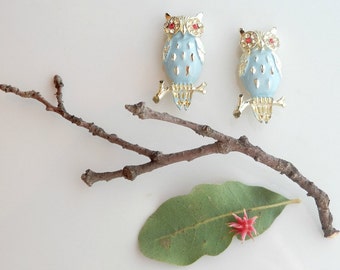 Vintage Owl Brooch Set, Enamel Sweater Pins, Mid Century Gold Owl Pin, 1950s Scatter Pins, Rockabilly Jewelry