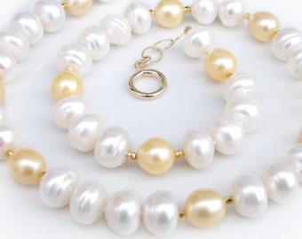 Large Pearl Necklace, Yellow Freshwater Pearl Drop Necklace, Gold Pearl Necklace, White and Gold Baroque Pearl Jewelry, 20 inches