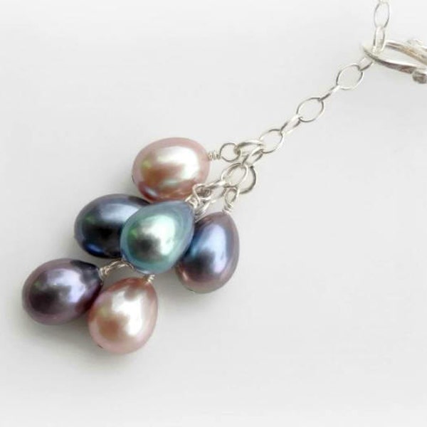 Pearl Lariat Necklace - Multicolor Pastel Pearl Necklace - Sterling Silver Adjustable Necklace - Easter Egg Pearl Drops