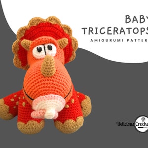 DeliciousCrochet Baby Triceratops. This is a crochet pattern, not the finished toy. Using DK or Sports acrylic yarn with a 2.5 mm hook, the dinosaur stands 7.5 inches tall. Instructions available in English (US) or Spanish.