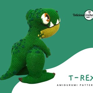 DeliciousCrochet T-Rex. This is a crochet pattern, not the finished toy. Using DK or Sports acrylic yarn with a 2.5 mm hook, the t-rex stands 10 inches tall. Instructions available in English (US) or Spanish.