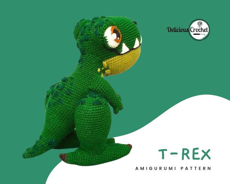 DeliciousCrochet T-Rex. This is a crochet pattern, not the finished toy. Using DK or Sports acrylic yarn with a 2.5 mm hook, the t-rex stands 10 inches tall. Instructions available in English (US) or Spanish.