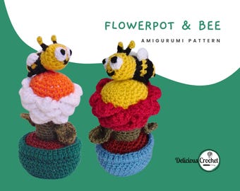Amigurumi Pattern Crochet Flower Pot and Bee Insect Nature PDF  Instant Digital Download English or Spanish