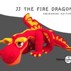 DeliciousCrochet JJ The Fire Dragon crochet pattern, not the finished toys. Using DK or Sports acrylic yarn and a 2.5 mm hook, the toy stands 21.5 inches long and 6.5 inches tall. Instructions available in English (US) or Spanish.