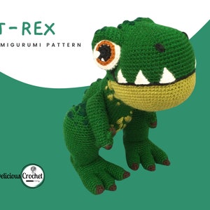DeliciousCrochet T-Rex. This is a crochet pattern, not the finished toy. Using DK or Sports acrylic yarn with a 2.5 mm hook, the t-rex stands 10 inches tall. Instructions available in English (US) or Spanish.