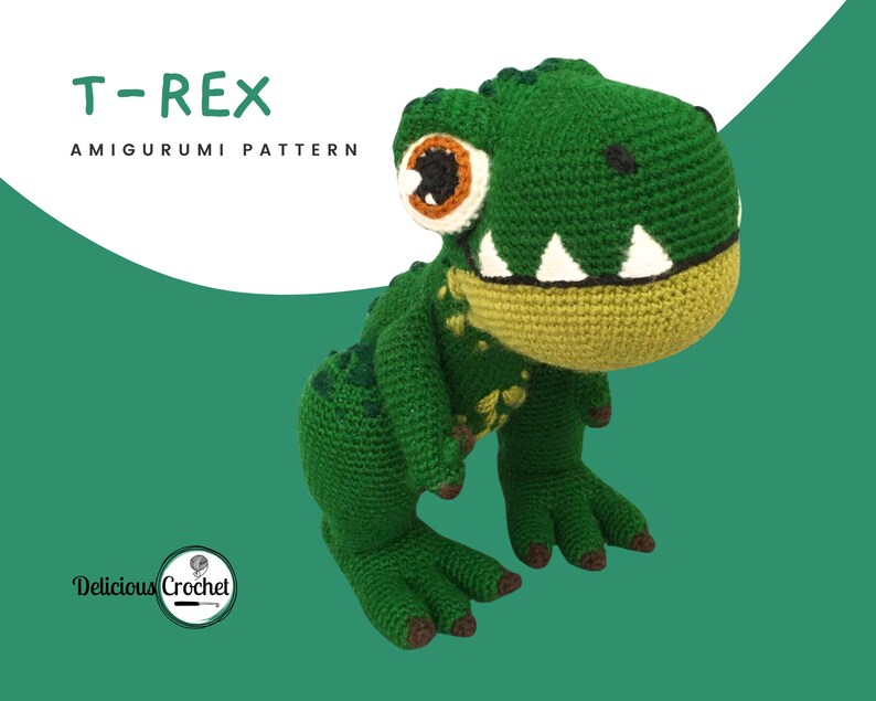 DeliciousCrochet T-Rex. This is a crochet pattern, not the finished toy. Using DK or Sports acrylic yarn with a 2.5 mm hook, the t-rex stands 10 inches tall. Instructions available in English (US) or Spanish.