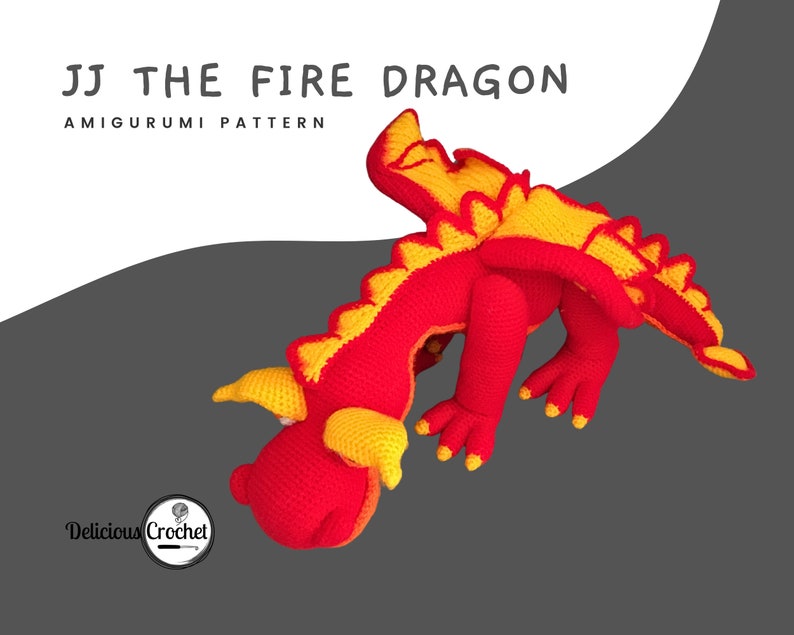 DeliciousCrochet JJ The Fire Dragon crochet pattern, not the finished toys. Using DK or Sports acrylic yarn and a 2.5 mm hook, the toy stands 21.5 inches long and 6.5 inches tall. Instructions available in English (US) or Spanish.