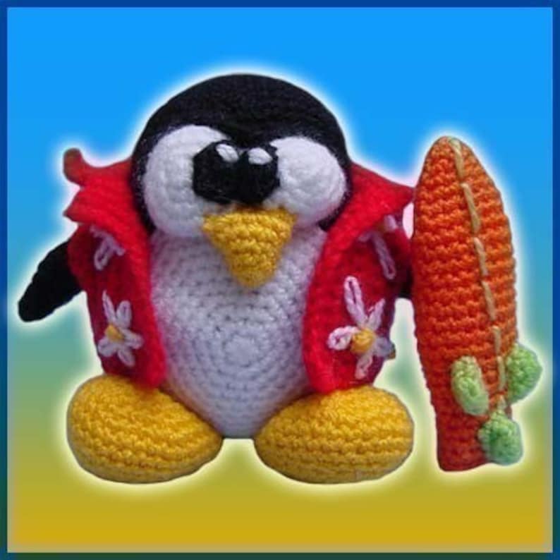 Amigurumi Pattern Crochet Penguin Tux Hawaian Animal Doll Toy Surfer PDF English or Spanish image 1