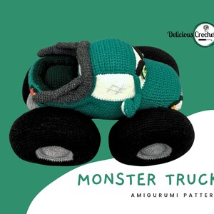 DeliciousCrochet Monster Truck. This is a crochet pattern, not the finished toy. Using DK or Sports acrylic yarn with a 2.5 mm hook, the truck stands 9 inches tall, 12.5 inches long and 8 incges wide. Instructions available in English (US) or Spanish