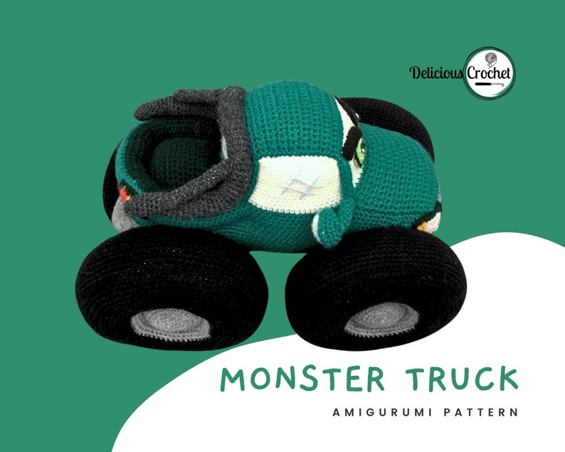 DeliciousCrochet Monster Truck. This is a crochet pattern, not the finished toy. Using DK or Sports acrylic yarn with a 2.5 mm hook, the truck stands 9 inches tall, 12.5 inches long and 8 incges wide. Instructions available in English (US) or Spanish