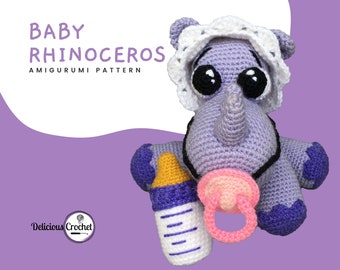 Amigurumi Pattern Crochet Rhinoceros Baby Rhino Animal Doll Toy Pacifier Baby Bottle PDF English or Spanish Baby Shower