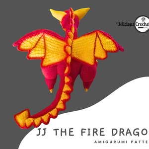 DeliciousCrochet JJ The Fire Dragon crochet pattern, not the finished toys. Using DK or Sports acrylic yarn and a 2.5 mm hook, the toy stands 21.5 inches long and 6.5 inches tall. Instructions available in English (US) or Spanish.