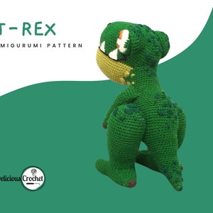 DeliciousCrochet T-Rex. This is a crochet pattern, not the finished toy. Using DK or Sports acrylic yarn with a 2.5 mm hook, the t-rex stands 10 inches tall. Instructions available in English (US) or Spanish.