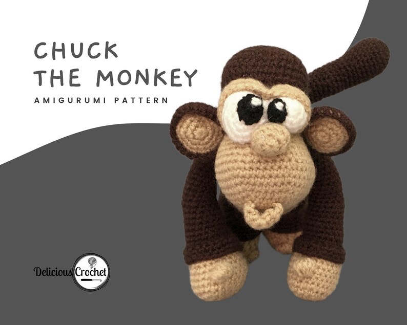 DeliciousCrochet Chuck the Monkey. This is a crochet pattern, not the finished toy. Using DK or Sports acrylic yarn with a 2.5 mm hook, the toy stands 8.7 inches tall. Instructions available in English (US) or Spanish.