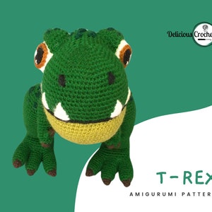 DeliciousCrochet T-Rex. This is a crochet pattern, not the finished toy. Using DK or Sports acrylic yarn with a 2.5 mm hook, the t-rex stands 10 inches tall. Instructions available in English (US) or Spanish.