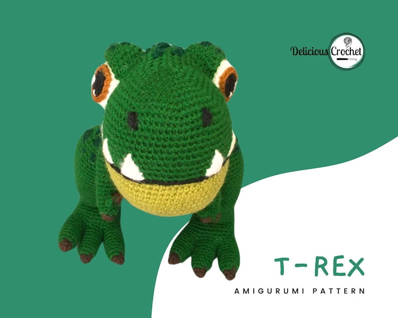 DeliciousCrochet T-Rex. This is a crochet pattern, not the finished toy. Using DK or Sports acrylic yarn with a 2.5 mm hook, the t-rex stands 10 inches tall. Instructions available in English (US) or Spanish.