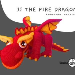 DeliciousCrochet JJ The Fire Dragon crochet pattern, not the finished toys. Using DK or Sports acrylic yarn and a 2.5 mm hook, the toy stands 21.5 inches long and 6.5 inches tall. Instructions available in English (US) or Spanish.