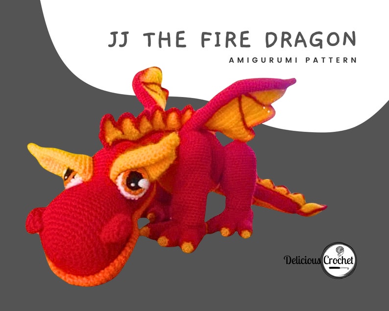 DeliciousCrochet JJ The Fire Dragon crochet pattern, not the finished toys. Using DK or Sports acrylic yarn and a 2.5 mm hook, the toy stands 21.5 inches long and 6.5 inches tall. Instructions available in English (US) or Spanish.