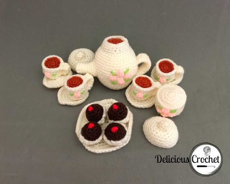 Amigurumi Pattern Crochet Mini Tea Set and Cupcakes DIY Digital Download image 1