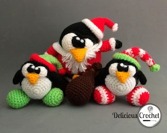 Patron amigurumi père Noël smoking au crochet et lutins amigurumi pingouin PDF anglais ou espagnol
