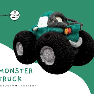 DeliciousCrochet Monster Truck. This is a crochet pattern, not the finished toy. Using DK or Sports acrylic yarn with a 2.5 mm hook, the truck stands 9 inches tall, 12.5 inches long and 8 incges wide. Instructions available in English (US) or Spanish