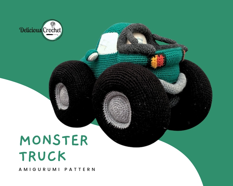 DeliciousCrochet Monster Truck. This is a crochet pattern, not the finished toy. Using DK or Sports acrylic yarn with a 2.5 mm hook, the truck stands 9 inches tall, 12.5 inches long and 8 incges wide. Instructions available in English (US) or Spanish