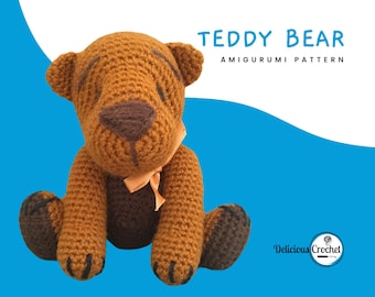 May include: A brown crocheted teddy bear amigurumi pattern. The bear is sitting with its paws in front of it. The bear has a brown nose and black eyes. The bear is wearing a brown bow.