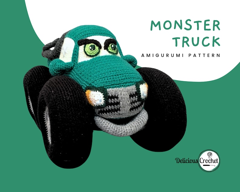 DeliciousCrochet Monster Truck. This is a crochet pattern, not the finished toy. Using DK or Sports acrylic yarn with a 2.5 mm hook, the truck stands 9 inches tall, 12.5 inches long and 8 incges wide. Instructions available in English (US) or Spanish