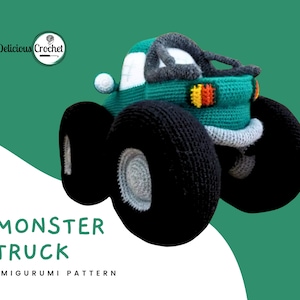 DeliciousCrochet Monster Truck. This is a crochet pattern, not the finished toy. Using DK or Sports acrylic yarn with a 2.5 mm hook, the truck stands 9 inches tall, 12.5 inches long and 8 incges wide. Instructions available in English (US) or Spanish