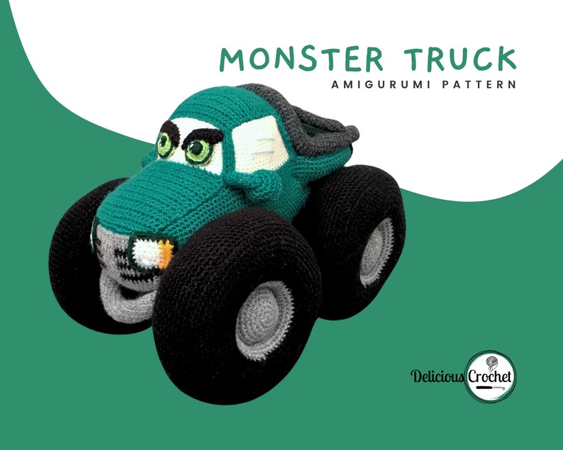 DeliciousCrochet Monster Truck. This is a crochet pattern, not the finished toy. Using DK or Sports acrylic yarn with a 2.5 mm hook, the truck stands 9 inches tall, 12.5 inches long and 8 incges wide. Instructions available in English (US) or Spanish